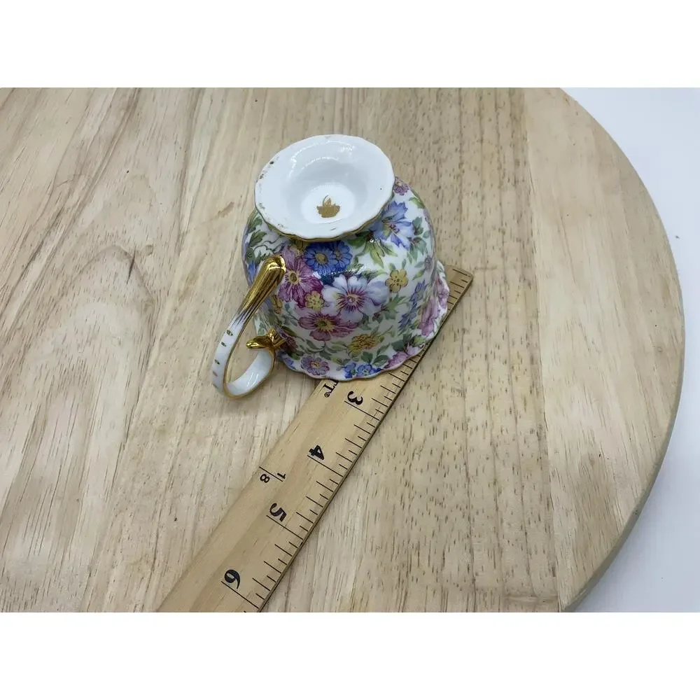 Floral Porcelain Tea Cup Gold Trim Footed Scalloped Rim Multicolor Vintage Retro